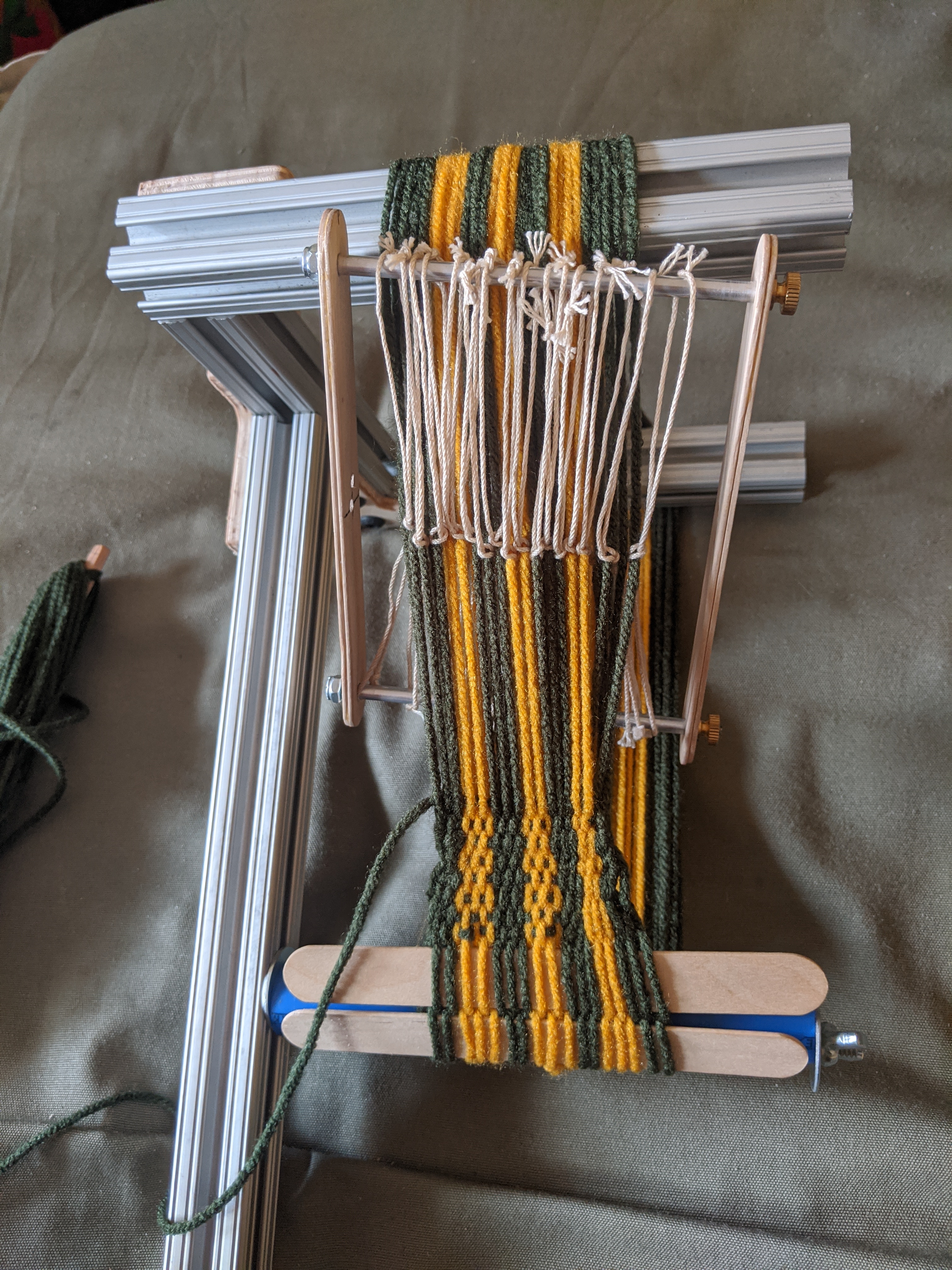 Close up of warp threads passing through heddles
