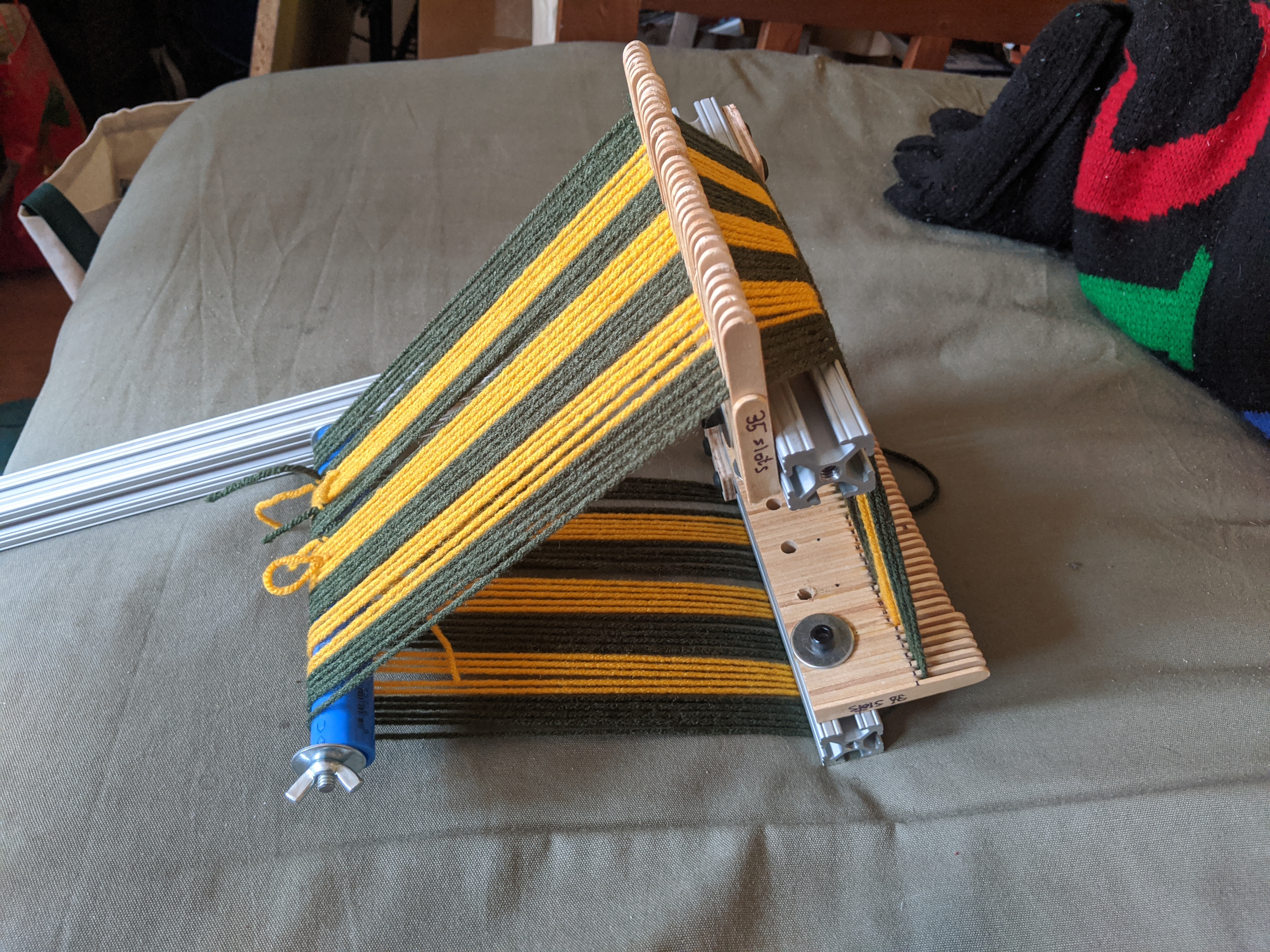 Side view of warped loom, before any weaving
